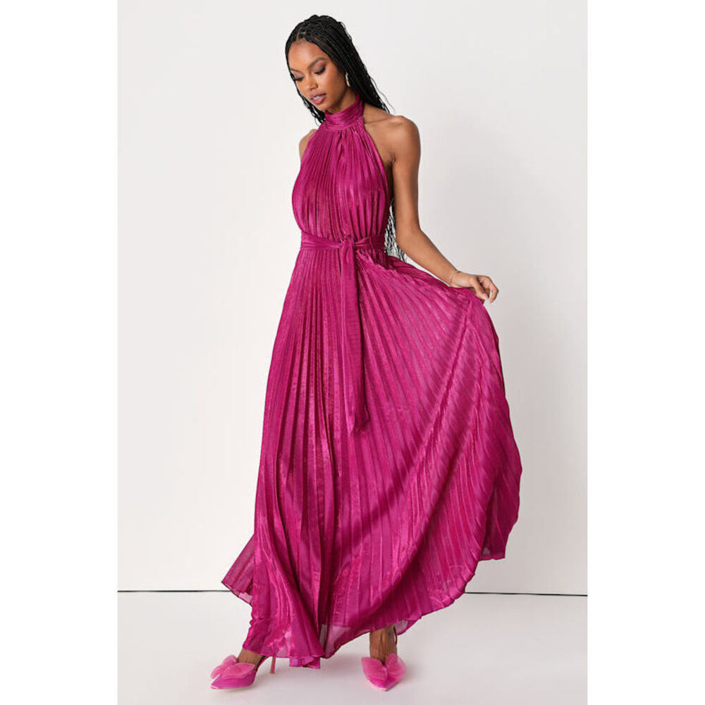 Lulus Everlasting Glow Shiny Magenta Pleated Halter Maxi Dress Pink - Size XS